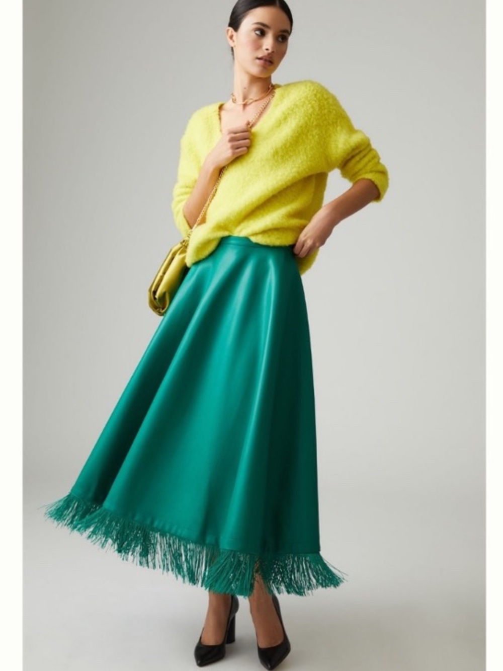 Anthropologie Maeve Green Faux Leather Fringe Skirt FLAW